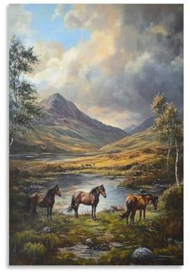 Stampa artistica da parete 3D su tela, motivo: cavalli e Highlands scozzesi, stampa artistica da parete, poster per soggiorno, camera da letto, bagno, decorazione da parete, pronta da appendere, 50 x