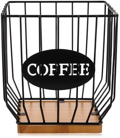 BTBHIHO Square Coffee Capsule Holder with Lid, Black Metal & Wood Coffee Pod Organizer, Corrosion-Resistant Iron Frame, Storage Basket for Bar Restaurant Home Kitchen