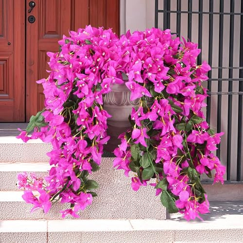 Wacloud Bougainvillea Konstgjorda blommor utomhusdekor – 2 st fusksilkesvinrankor, UV-beständig Bougainvillea hängande girlang för veranda, balkong, planterare, sommardekorationer, fuchsia lila