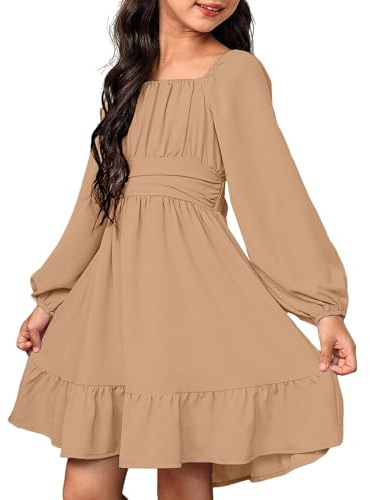 Mjjsk Abito da Festa per Bambina, Autunnale, a Manica Lunga, con Fiocco Dietro, Volant Principesco, per Matrimonio, Compleanno, Abito Casual per Bambina, Semplice, a Linea, cachi, 8-9 Anni