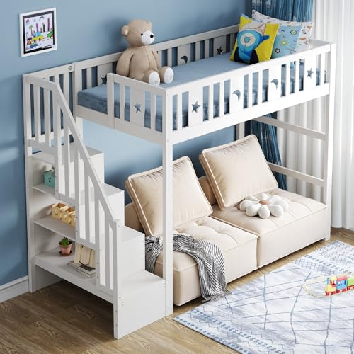 Trdlpyn Letto a Soppalco 90 * 200 con Scale di Contenitore, Decorazione a forma di Stella e Luna, Struttura Letto in Legno Massello per Bambini, con Ringhiera di Sicurezza, Bianco