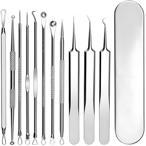 Rnitle 11 Pezzi Kit di Strumenti per la Rimozione dei Punti Neri,Pinzette Per La Rimozione Dei Punti Neri,Apremitrici Comedoni,per il Trattamento e la Togli di Comedoni e Acne sul Viso