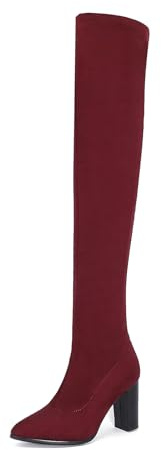 Diuniarza Stretch Bottes Longue Femme Talons Hauts Cuissarde Print Pointu A Enfiler Bloc Long Boors Warm Vin Rouge Taille 37 EU/38