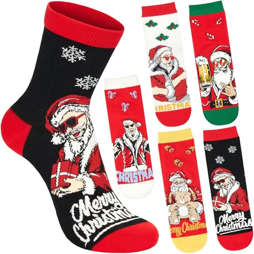 BRUBAKER 5 Paar Weihnachtssocken - Cool Santa - Weihnachtsmann mit Sonnenbrille - Lustige Herren Socken Weihnachten - Bunte Baumwollsocken - Merry Christmas - Geschenk für Männer - Größe 41-45