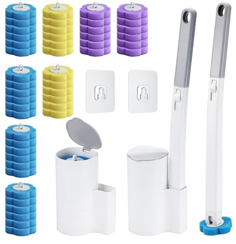 Hahorpa Disposable Toilet Brush Set with 48 Refills & 2 Toilet Wands, Wall-Mounted Disposable Toilet Cleaning System, Durable Hygienic Toilet Brushs, Toilet Brush Disposable Head for Bathroom