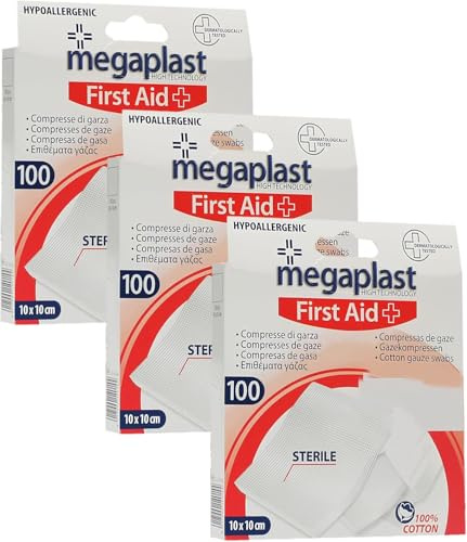 100pz compresse di garza sterile mis. 10x10 cm, idrofila di puro cotone 100% per la medicazione, bianca, per ferite e per disinfettare,ipoallergenico e latex free (Confezione da 3)