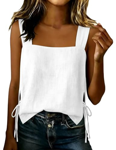 Women's Cotton Linen Camisole Top Summer Plain Vest Strappy Swing T-Shirt Sleeveless Tunic Blouse Ladies Sexy Vests Stretch Comfortable Holiday Tees for Club Party