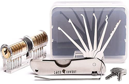 7 teiliges Lockpicking Set Profi mit Transparentem Vorhängeschloss | Dietrich Set mit übungsschloss im Kreditkartenformat & Anleitung für Anfänger und Profis LockCowboy