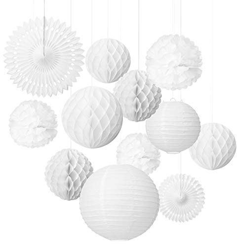LIHAO 12PCS Paper Lanterns Decorations Honeycomb Balls Hanging Paper Fans Set Different Sized for Wedding Party Indoor Outdoor Decorations - White