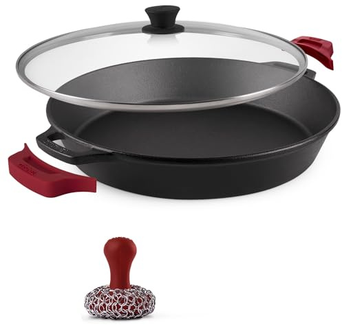 Cuisinel Cast Iron Skillet + Glass Lid + Red Chainmail Scrubber - 15-Inch Dual Handle Braiser Frying Pan + Silicone Handle Covers - Pre-Seasoned Oven Cookware - Indoor/Outdoor. PFAS and PFOA-free