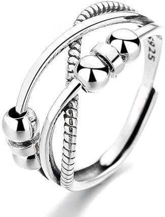 Qings Angst Zappeln Ringe 925 Sterling Silber für Damen Anxiety Verstellbar Offen Fidget Spinner Ring mit Perlen