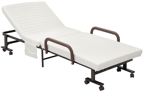 HOMCOM Folding Bed with Mattress, Single Guest Bed, Portable Fold Bed with Adjustable Backrest, Metal Frame on Wheels, White, 190 x 76 cm