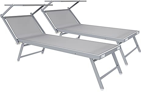 Coppia Di Lettini Prendisole 720 gr/m² Pieghevole Professionale In Alluminio Tettuccio Orientabile Parasole Sdraio Lettino Prendi Sole Mare Spiaggia Piscina Giardino 182 x 60 x 38 cm (Grigio)