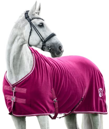 EQUILYX® Abschwitzdecke Pferd mit Kreuzgurten [perfekte Passform] Fleecedecke Stalldecke Transportdecke wärmend feuchtigkeitsabsorbierend atmungsaktiv (Fuchsia, 145cm)