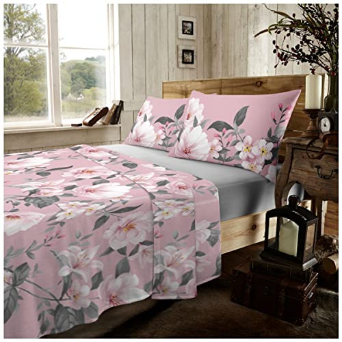 GC GAVENO CAVAILIA Floral Flannel Sheet Set, Cosy Botanical Fitted Bedsheet & Skinny Fitted Sheets With Flower Printed Pillowcase Cover, Blush Pink