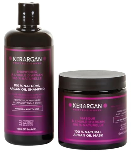 Kerargan - Duo Disciplinant Shampoing & Masque à l'Huile d'Argan Pour Cheveux Indisciplinés, Secs & Frisés - Combat les Frisottis & Démêle - Sans Sulfate, OGM, Silicone, Huile minéral - 2x500ml