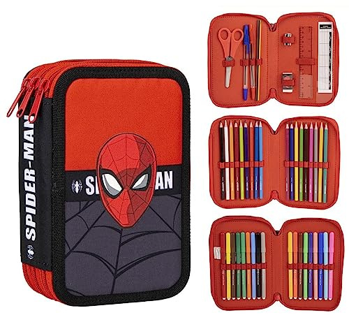 Federmappe Spiderman - Farbe Rot und Schwarz - 12,5x6,5x18,5 cm - Aus Polyester - Federmäppchen mit Drei Fächern und Reißverschluss - Inklusive Zubehör - Original Produkt in Spanien Designed
