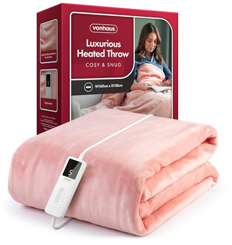 VonHaus Heated Throw Blanket – Electric Over Throw Fleece Blanket with Digital Control – Large Size 160 x 130cm, 9 Heat Settings, 9 Hour Timer, Safety Shut Off, Machine Washable, Soft Material – Pink