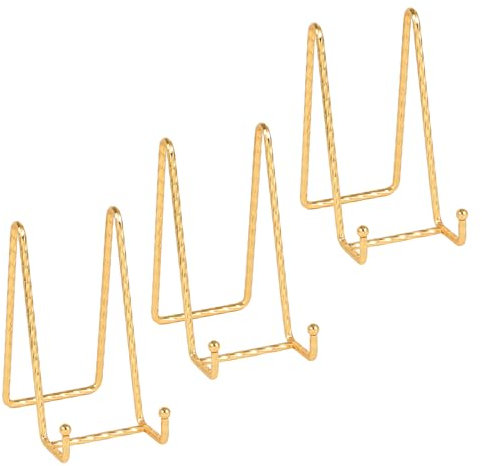 Tallrikshållare staffli visningsstativ – 15 cm tvinnade metallplattstativ – bildramstativ – bordsstafflier för display dekorativa plattor | bilder | böcker | plakat | surfplattor – 3-pack – guld