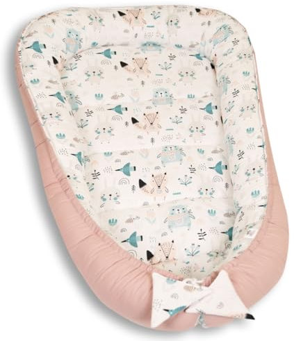 PaLulli 120x60 cm Babynest Babynestchen XXL Babykokon 2seitig 100% Baumwolle Kissen Nestchen für Babybett Reisebett für Baby und Säugling Feathers (Bears Pink)