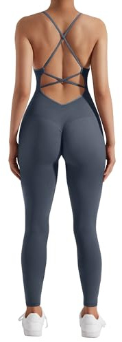 RXRXCOCO Mono de mujer con tirantes de espagueti, acanalado, ajustado, sin espalda, con relleno, reductor de abdomen, para yoga y deporte, de una pieza, mono bodysuit, #2 Azul, M