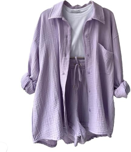 Sommer Outfit Damen Elegant Kleidung Kleidung Matching Sets Women Musselin Spring Outfits Women Hausanzug Jumpsuit Damen Sport Yoga Zweiteiler Damen Mit Hose Sommer Loungewear(1-Light Purple,XL)