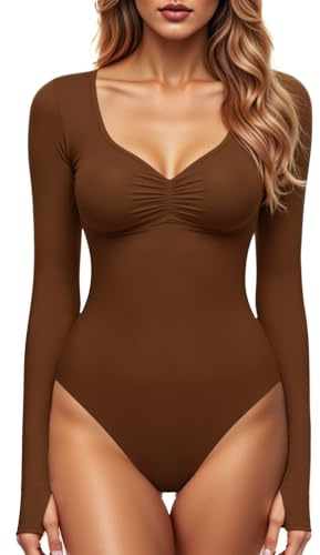 GJY Body pour Femmes,Col V Carré Hauts Sexy Mode Manches Longues Going Out Tops Combinaison Corps Stretchy,Marron roussâtre