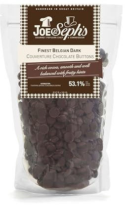 Joe & Sephs Finest Belgian Dark Chocolate Buttons (800g), Finest Couverture Belgian Dark Chocolate Buttons, 53.1% of Cocoa, Perfect for Chocolate Fountains, Desserts, Baking, Glazing and More