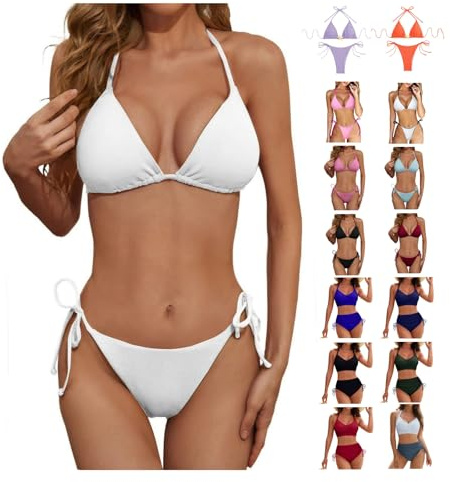 Femme Triangle Bas Brésilien Halter Bandage Bikini Sexy Deux Pièces Maillots de Bain Femme Push Up Dos Nu Grande Taille Pas Cher Maillot de Bain Femme 2 Pieces Piscine,Blanc,XXL,e23