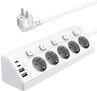 Vipwell Prise Plan de Travail Cuisine, Multiprises avec 2 Ports USB A et 2 Ports USB C, Multiprise 5 Prises avec Interrupteur, Rallonge Électrique 2m pour Meuble, Canapé, Bureau, Table
