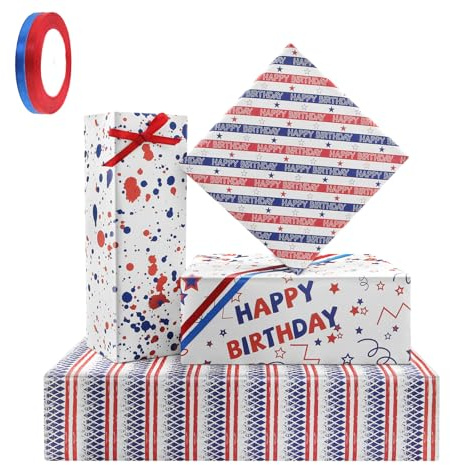 Lot de 4 feuilles de papier cadeau d'anniversaire patriotique rouge, blanc et bleu à rayures avec ruban rouge et bleu pour la fête de l'indépendance des États-Unis, 70 x 50 cm