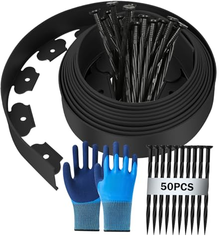 Flexibel gräskant av plast, 10 m (L) x 5 cm (H) gräskant plast, gräskant höjd, rabattinfattning, gräsklippningskant Palisade, med fästspikar x 50 handskar x 1 par – svart