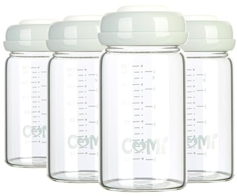 Comi Baby Glass Breastmilk Storage Bottles 4 Packs 6.oz 180ml Wide Neck Bottles with Screw Ring Sealing Disk BPA-Free Breastfeeding Milk Collection Fits Breast Pumps & Nipples(4 Gray Lids)