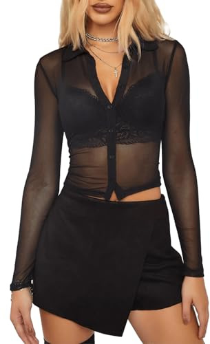 YOINS Women's Sexy Sheer Mesh Top Button Up Shirt See Through Blouse Long Sleeve Crop Top Black Large