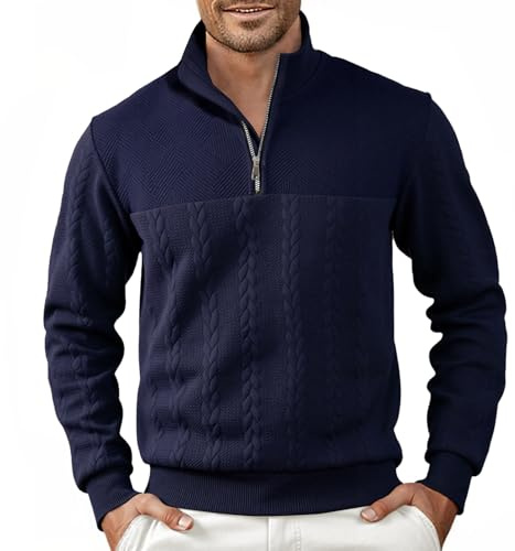 Halfword Pulls Homme Zip Pullover Tricoté Pull à Manches Longues pour Hommes Jacquard Sweatshirts Bleu Foncé L