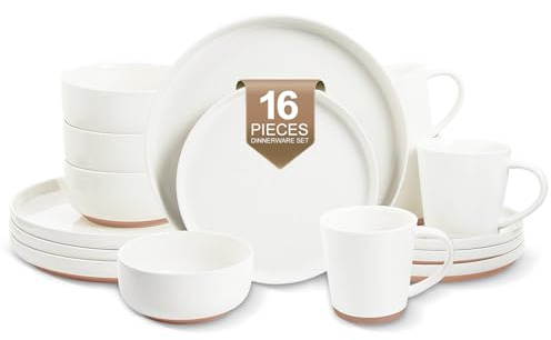 EWFEN 16-Piece Ceramic Dinnerware Sets with Mugs for 4, Handpainted Plates and Bowls Set with Rustic Terracotta Underside, Scratch Resistant Dishes Set, Dishwasher & Microwave Safe