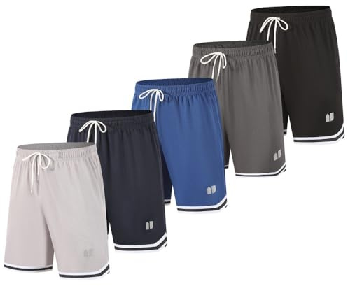 fovdtaa Lot de 5 shorts de sport pour homme à séchage rapide avec poches et taille élastique, Noir, gris, bleu, bleu marine, gris clair, M