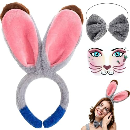 WGIJXA Diadema Orejas Conejo con Gris Corbata y Pegatinas para Faciales, Orejas Conejo Disfraz Accesorios Mujer Adulto Diadema de Conejito Complementos Decorativo Carnaval Pascua