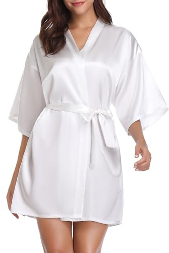 Vlazom Kimono Femme Satin Mariage Bridesmaid Peignoir Manche Courte Peignoir Robe de Soirée de Mariage，Blanc，M