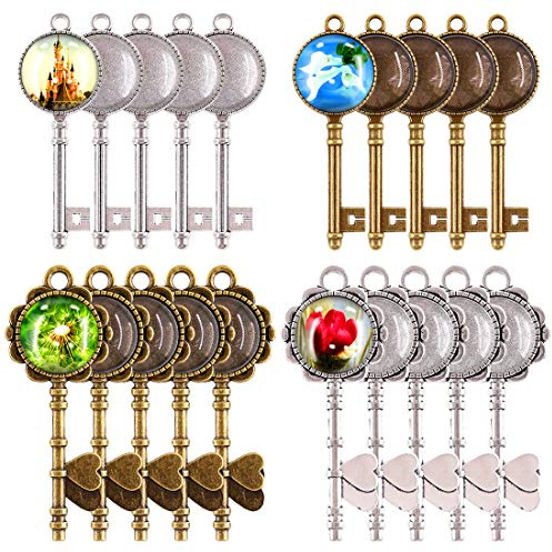 Glarks 48-Pieces Vintage Pendant Trays Set, 24pcs Skeleton Keys Pendant Trays with 24pcs Bright Glass Dome Tiles Cabochon for DIY Wedding Party Gifts Jewelry Necklace Pendants Decoration