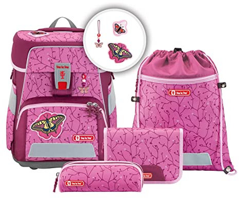 Step by Step Schulranzen-Set Space „Natural Butterfly“ 5-teilig, rosa-pink, ergonomischer Tornister mit Reflektoren, höhenverstellbar mit Hüftgurt ab der 1. Klasse, 20L