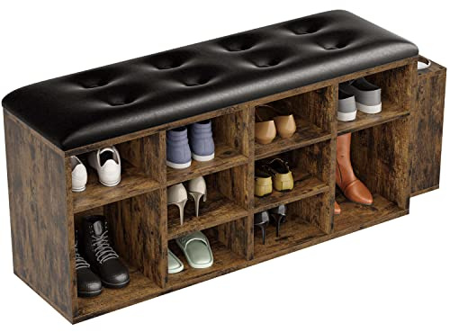 IRONCK Shoe Bench with 10 Cubbies, Storage Entryway Bench with PU Leather, Shoe Storage Rack Organizer with Adjustable Shelves, Vintage Brown