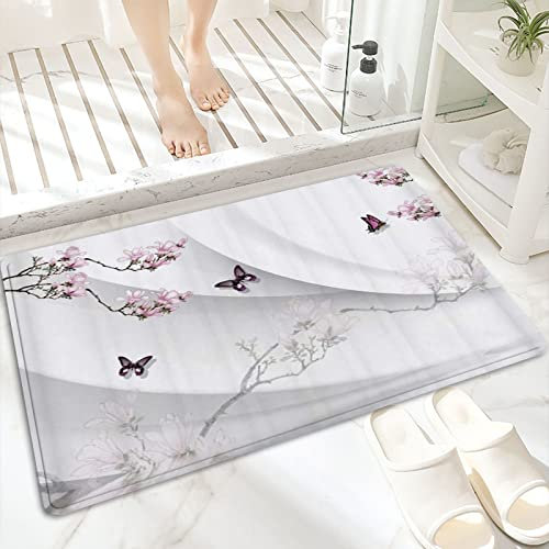 Badematte, rutschfest Waschbar Badezimmerteppich 60x100 cm,Sakura Pflaume Schmetterling Tier dekorativer ,Badvorleger mit Wasserabsorbierenden, Weichen Mikrofasern für Badewanne, Dusche und Badezimmer