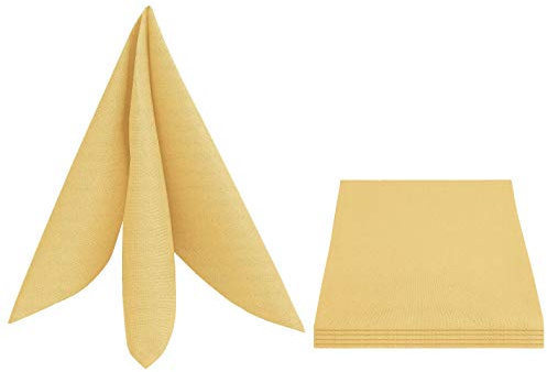 Set de 4 servilletas de aspecto de lino, diseño cuadrado, 50 x 50 cm, amarillo, lavable, repelente al agua, con protección contra manchas, fácil cuidado con borde cosido