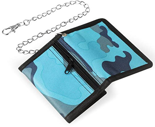 Photect RFID Slim Geldbeutel Kinder Portmonee Mädchen Junge Geldbörse mit Ketten Clip Reißverschluss Herren Dreifache Geldtasche für Münztasche Geschenke, 12 x 8 x 1 cm (Camo Blau, Einfach)