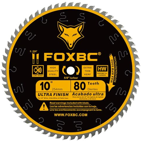 FOXBC 10-Inch Table Saw Blade, 80-Tooth, Ultra Finish Wood Cutting, 5/8-Inch Arbor