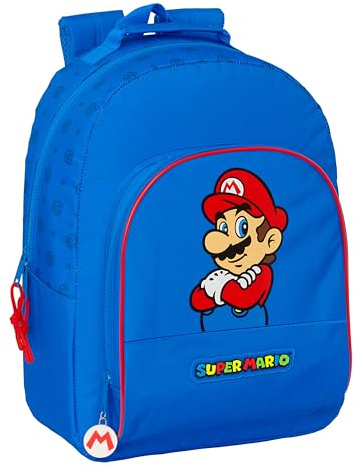 SUPER MARIO PLAY - Mochila Escolar Adaptable a Carro, Mochila, Ideal para Niños de Diferentes Edades, Cómoda y Versátil, Calidad y Resistencia, 32x15x42 cm, Color Azul/Rojo