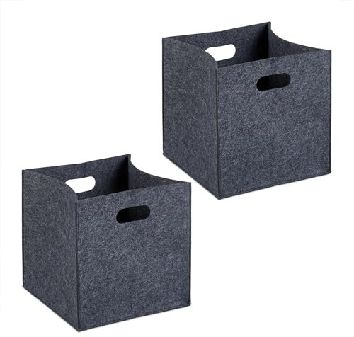 Relaxdays Aufbewahrungsbox 2er Set, Faltbare Regalboxen, HBT: 30x30x30 cm, Grifflöcher, Faltboxen aus Filz, anthrazit