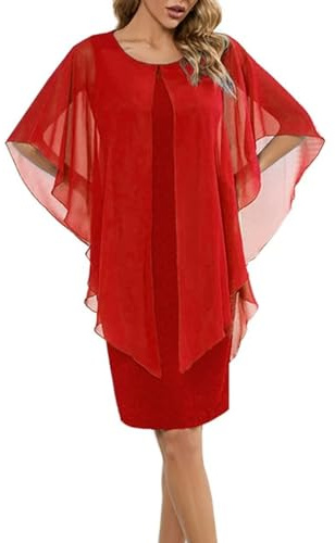 Vestido de Tubo para Dama Vestido de Capa sin Mangas con Cuello Redondo para Mujer-Rojo-XXL
