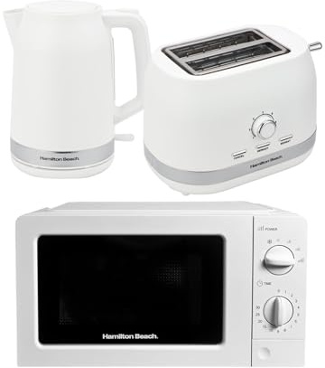 Hamilton Beach Kettle, Toaster & Microwave Set, Ella, 1.7L Electric Kettle, Wide Slot Toaster 2 Slice, Microwave, 20L Standard, Kettle & Toaster Set, White - ELLAWB
